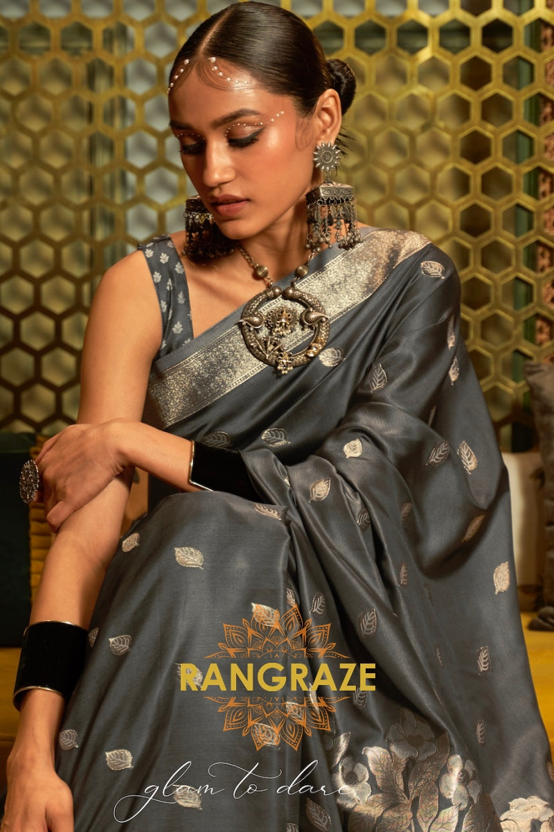 Charcoal Black Woven Banarasi Silk Saree With Gold And Silver Zari