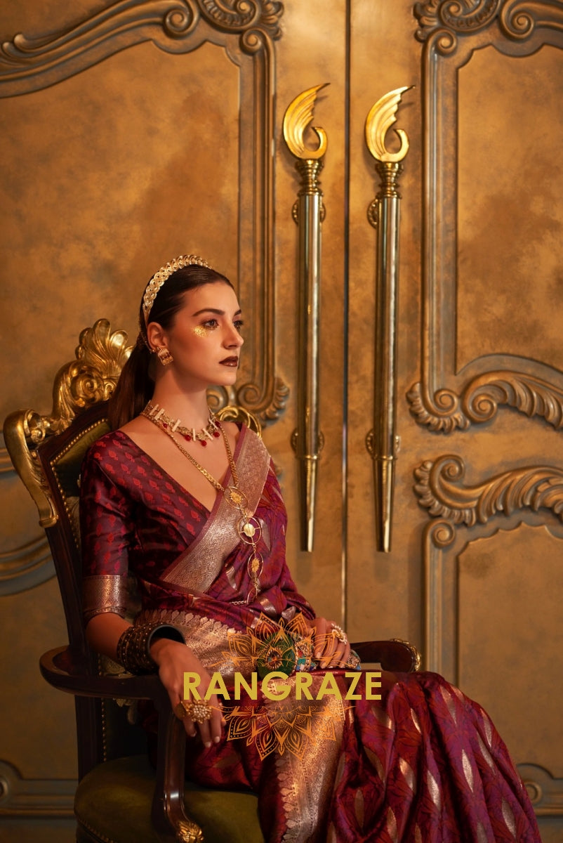 Imperial Maroon Woven Banarasi Satin Silk Saree