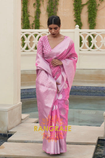 Majestic Rose Pink Banarasi Linen Woven Silk Saree
