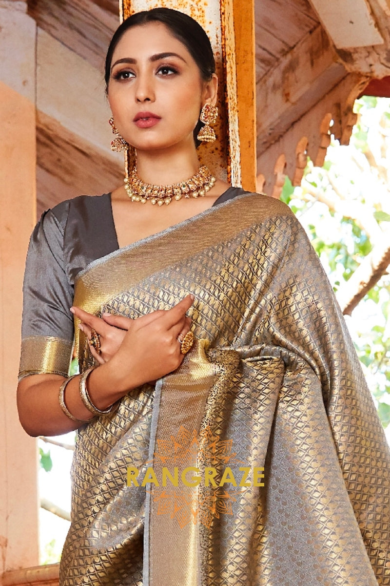 Imperial Golden Grey Woven Kanjivaram Silk Saree