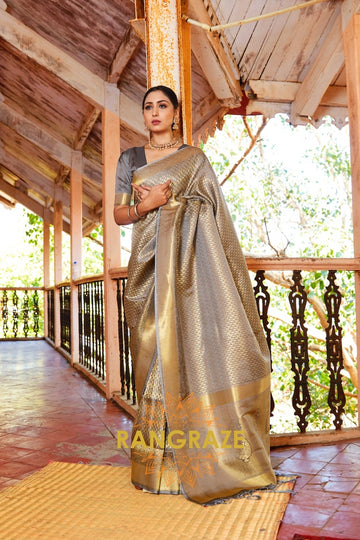 Imperial Golden Grey Woven Kanjivaram Silk Saree