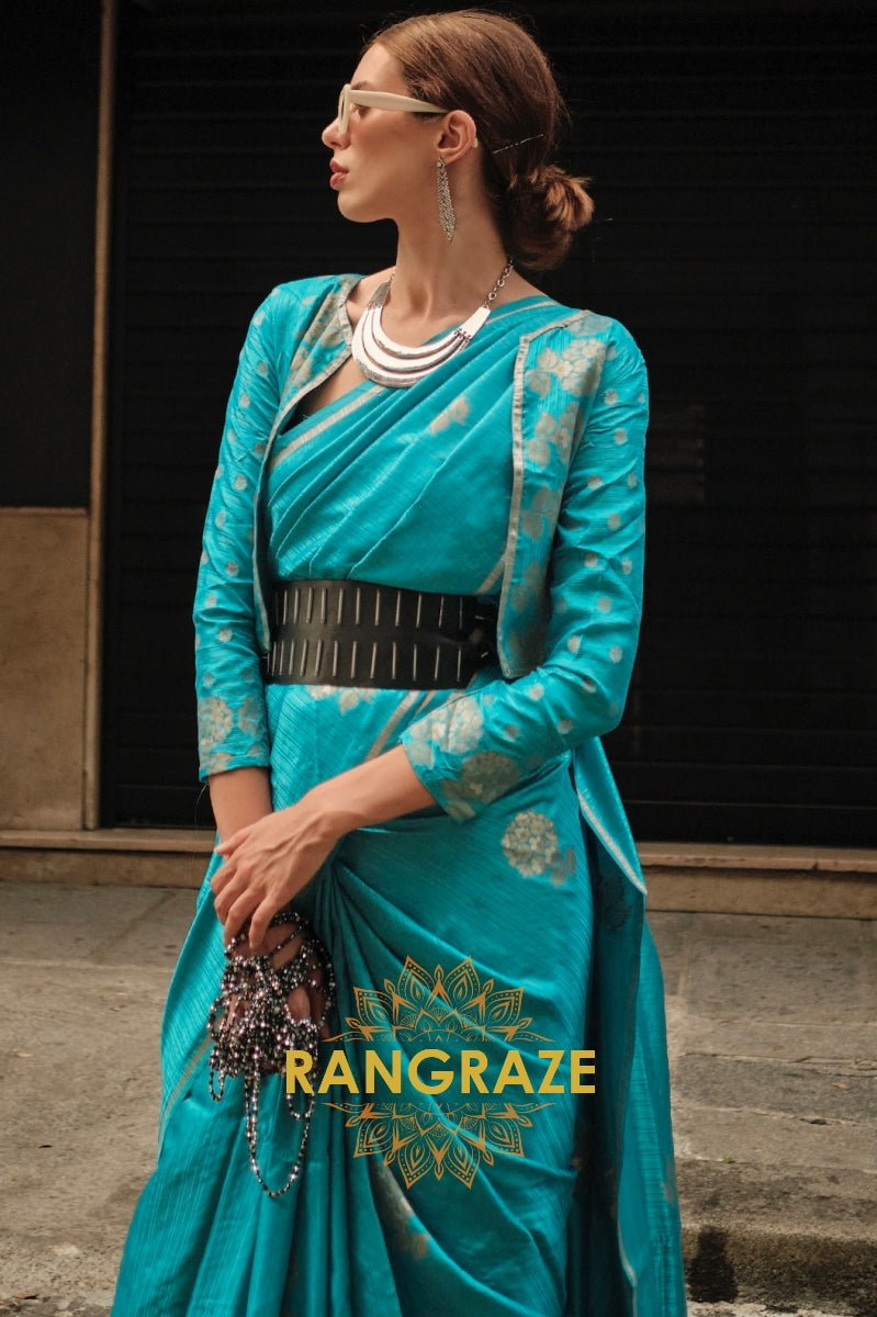 Azure Blue Pure Satin Zari Lining Handloom Weaving Banarasi Saree