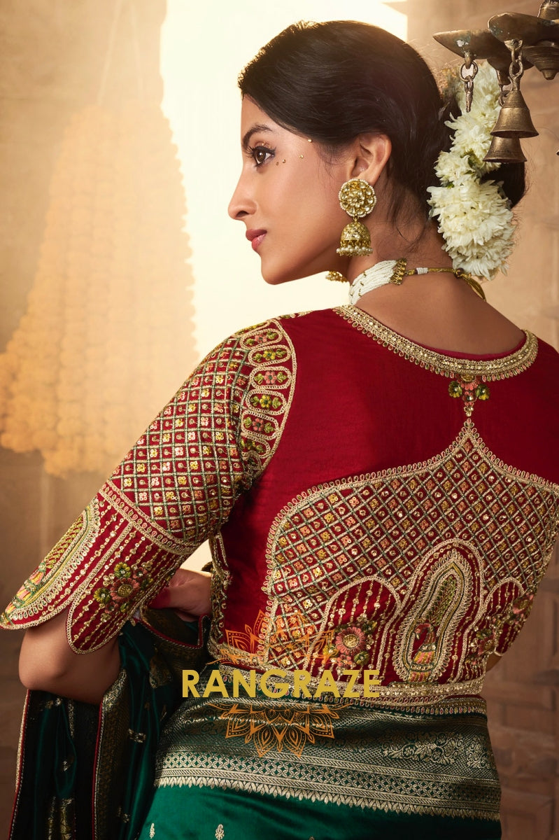 Emerald Green Banarasi Silk Saree with Gold Zari Accents and Detailed Designer Blouse