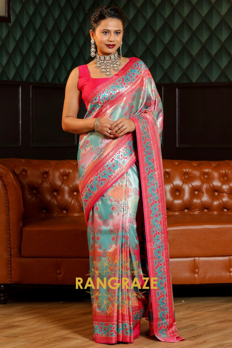 Pastel Teal and Rose Pink Rangkaat Soft Silk Saree with Ornate Floral Zari Detailing