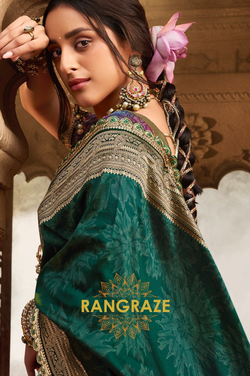Emerald Green Banarasi Silk Saree with Antique Gold Zari Border and Contrasting Designer Blouse