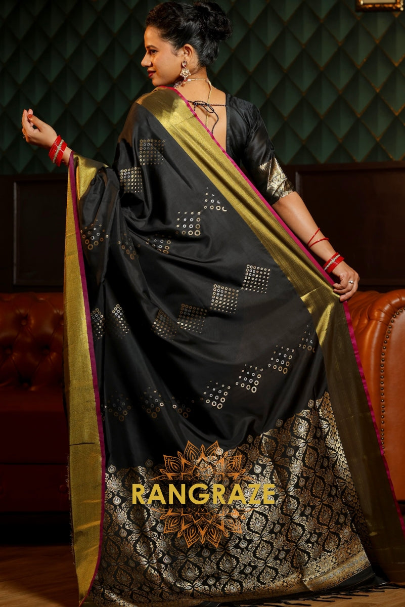 Black Handloom Silk Saree with Gold Zari Border and Intricate Motifs