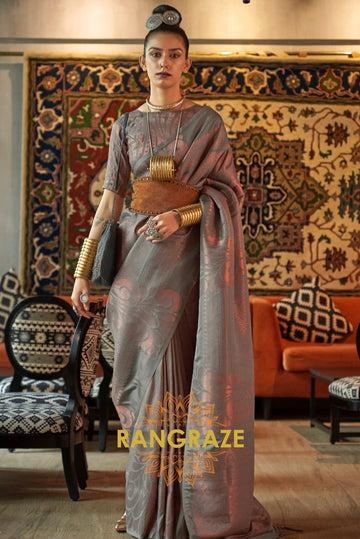 Majestic Silver Grey Woven Banarasi Brocade Silk Saree