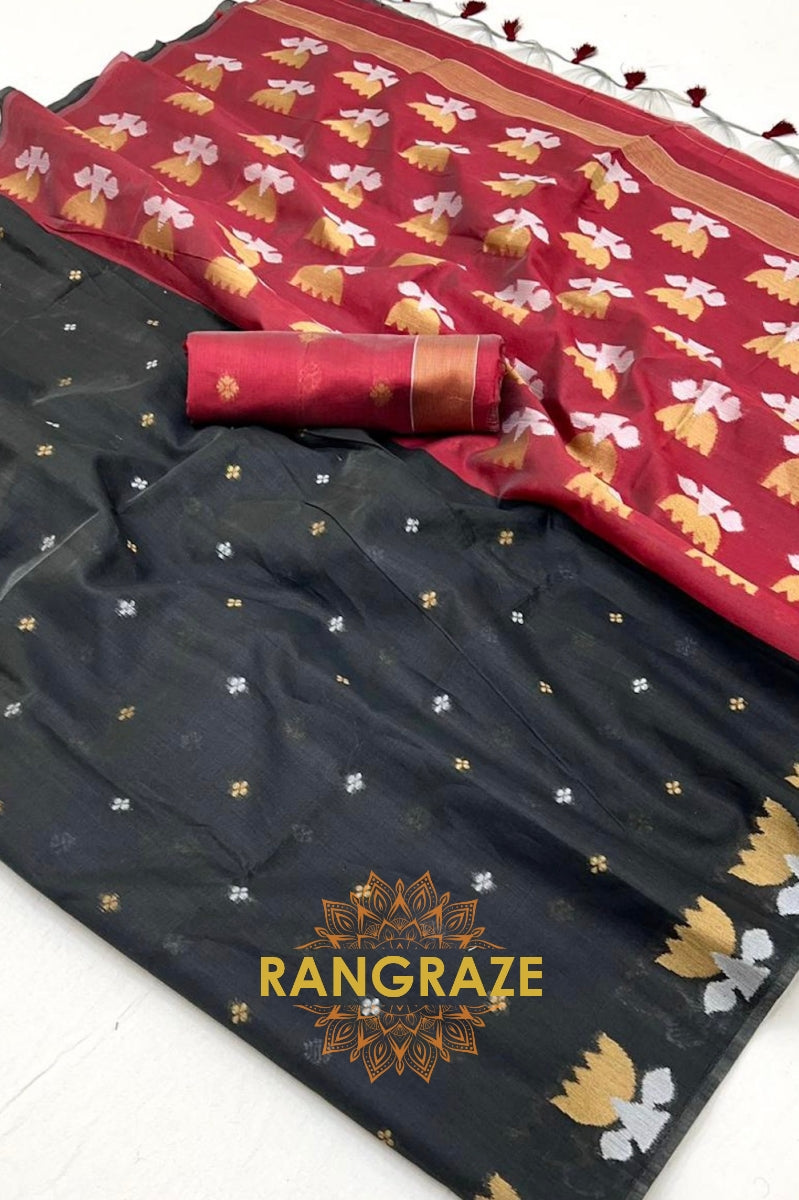 Midnight Bloom Tussar Handwoven Silk Saree with Contrast Pallu & Blouse