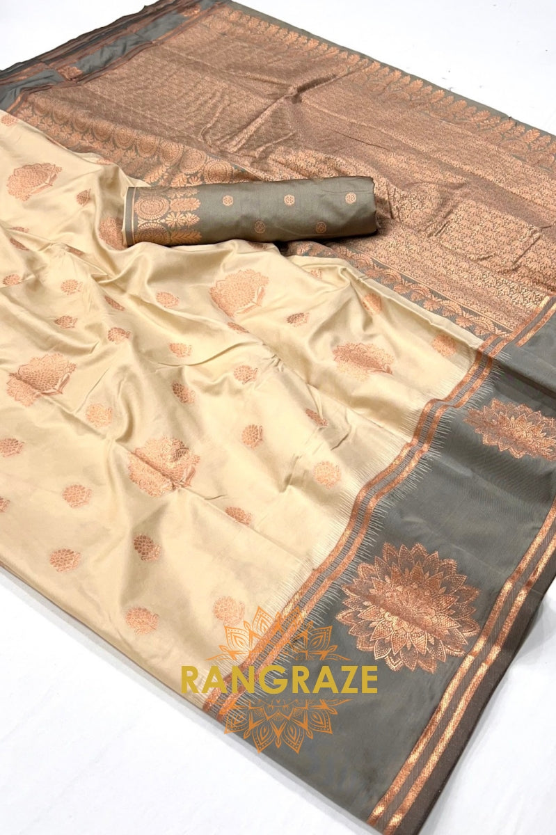 Off-White and Grey Two-Tone Contrast Handloom Silk Saree