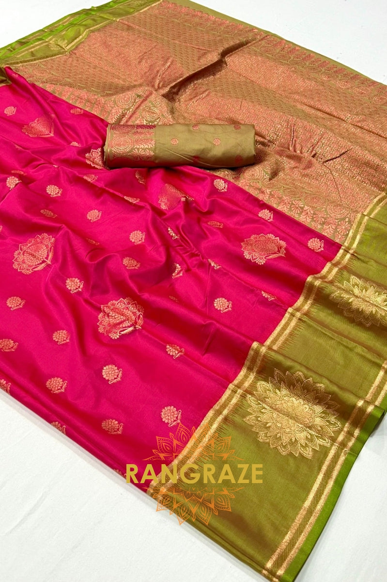 Magenta and Olive Green Two-Tone Contrast Handloom Silk Saree