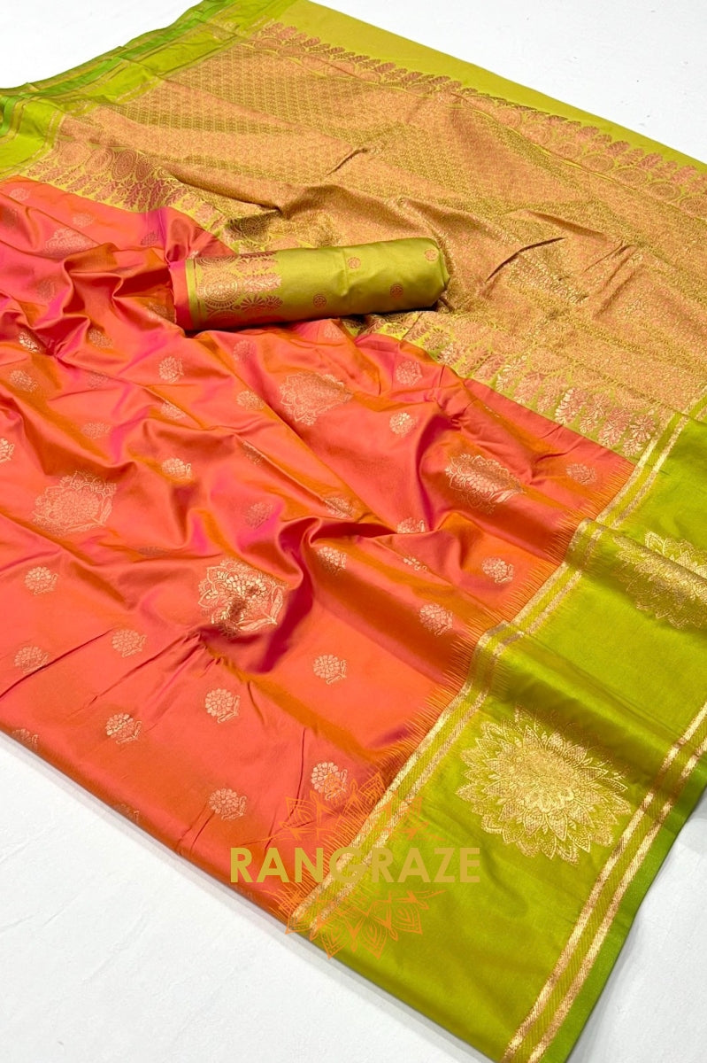 Orange and Olive Green Two-Tone Contrast Handloom Silk Saree