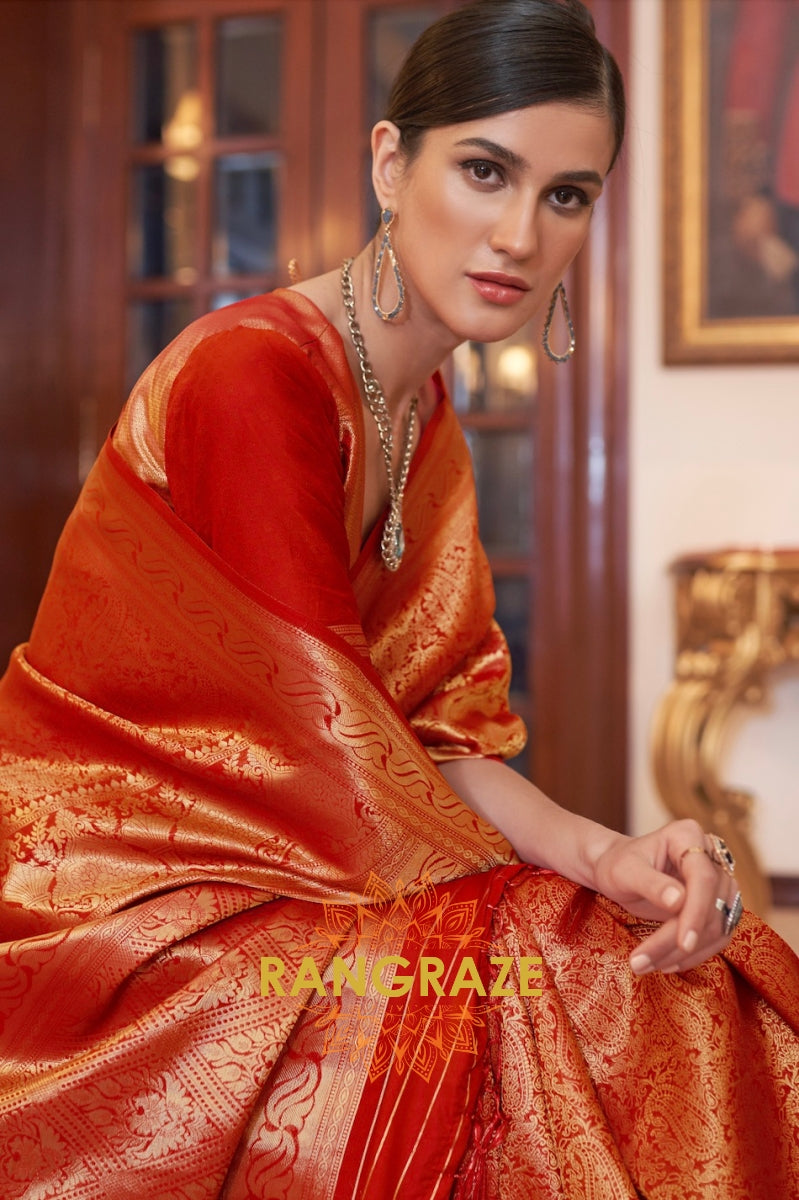 Golden Peach Celestial Charm Woven Kanjivaram Silk Saree