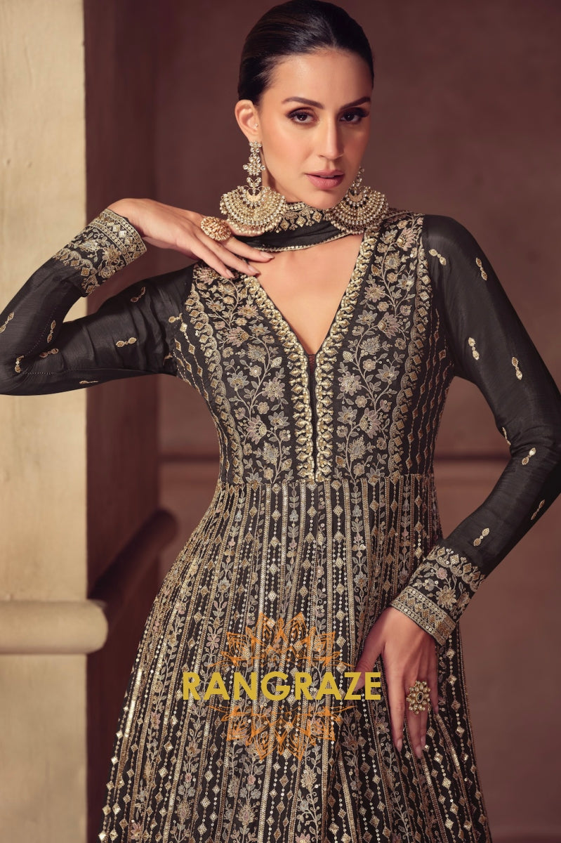 Noir Elegance Silk Embroidered Anarkali Suit Set