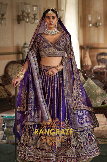 Majestic Royal Purple Double-Dupatta Bridal Silk Lehenga – A Legacy of Grandeur