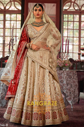 Regal Ivory & Rouge Double-Dupatta Bridal Silk Lehenga – A Legacy of Grace