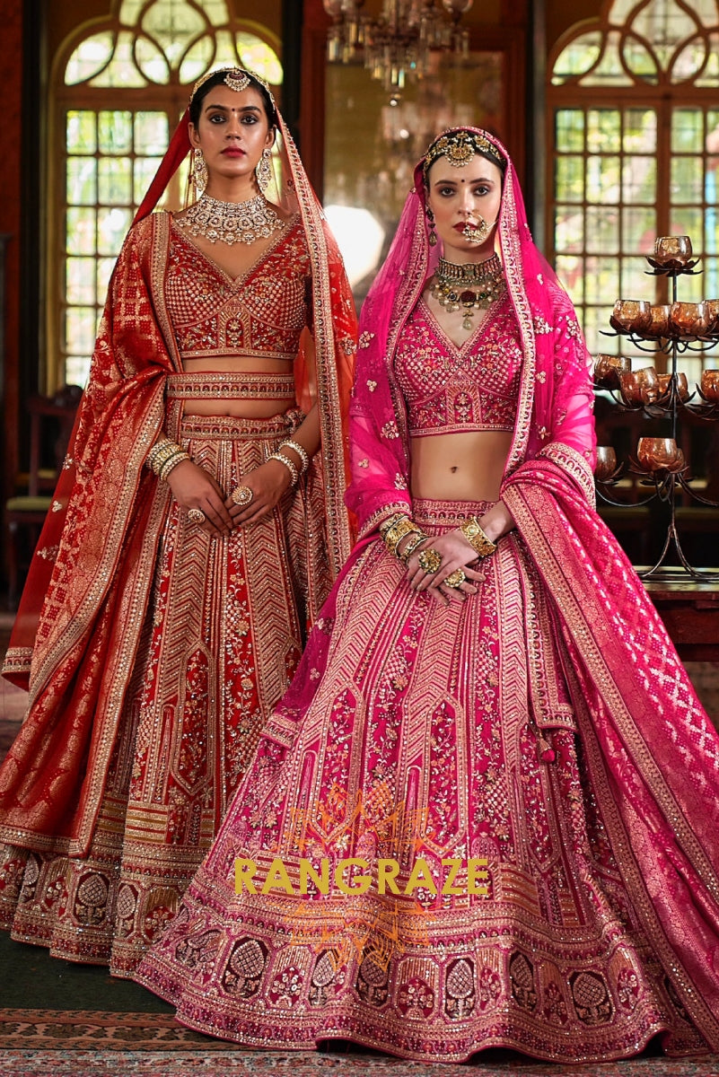 Scarlet Dynasty Double-Dupatta Bridal Silk Lehenga – The Timeless Bride