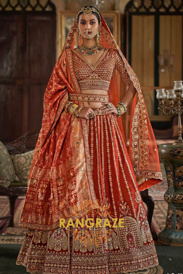 Regal Vermilion Double-Dupatta Bridal Silk Lehenga – A Legacy of Grandeur