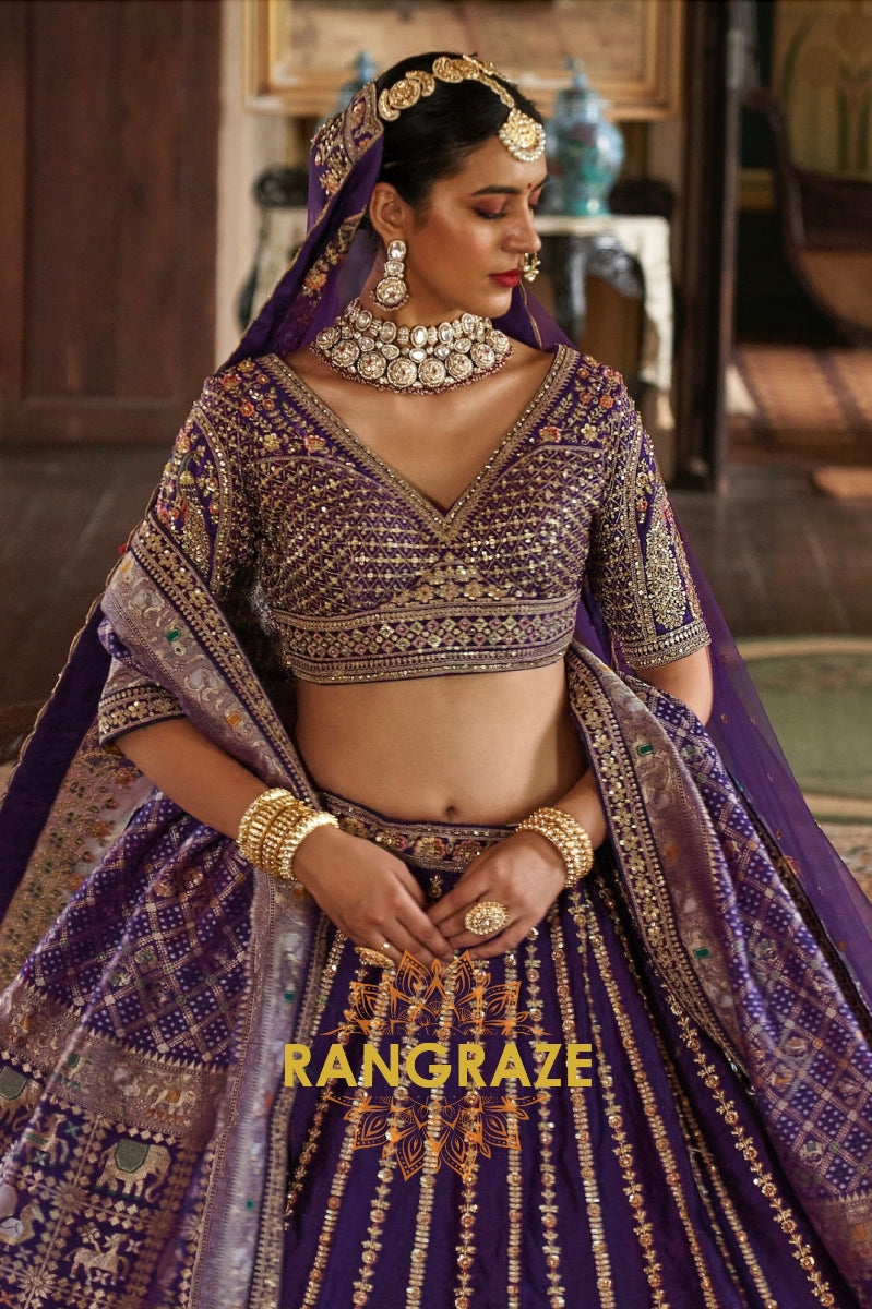Majestic Royal Purple Double-Dupatta Bridal Silk Lehenga – A Legacy of Grandeur