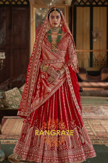 Classic Bridal Red Double-Dupatta Silk Lehenga – A Legacy of Grandeur