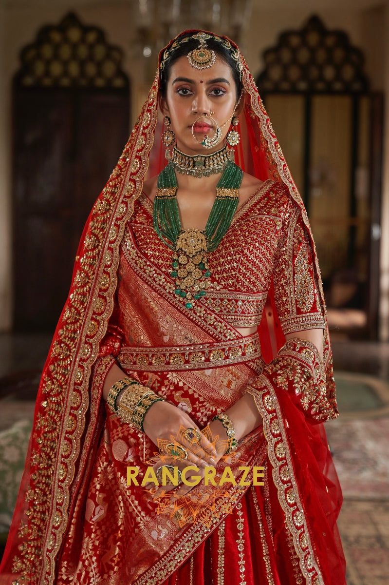Classic Bridal Red Double-Dupatta Silk Lehenga – A Legacy of Grandeur