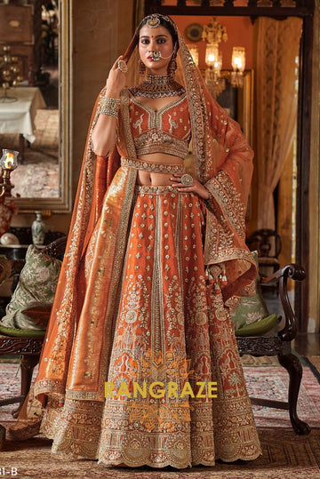 Burnt Amber Heritage Bridal Silk Lehenga