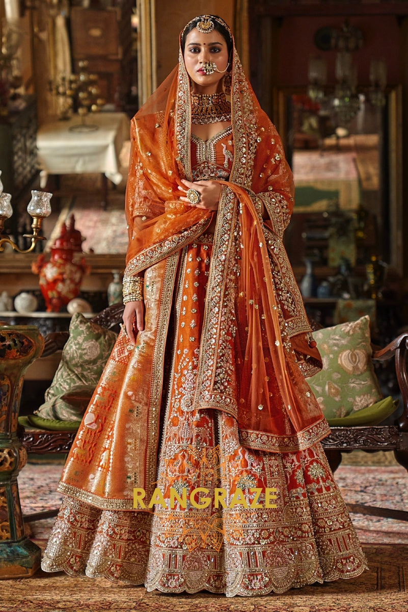 Burnt Amber Heritage Bridal Silk Lehenga