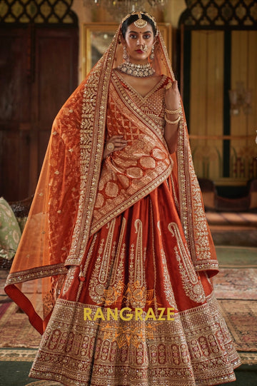 Burnt Orange Rust Double-Dupatta Bridal Silk Lehenga – A Legacy of Grandeur