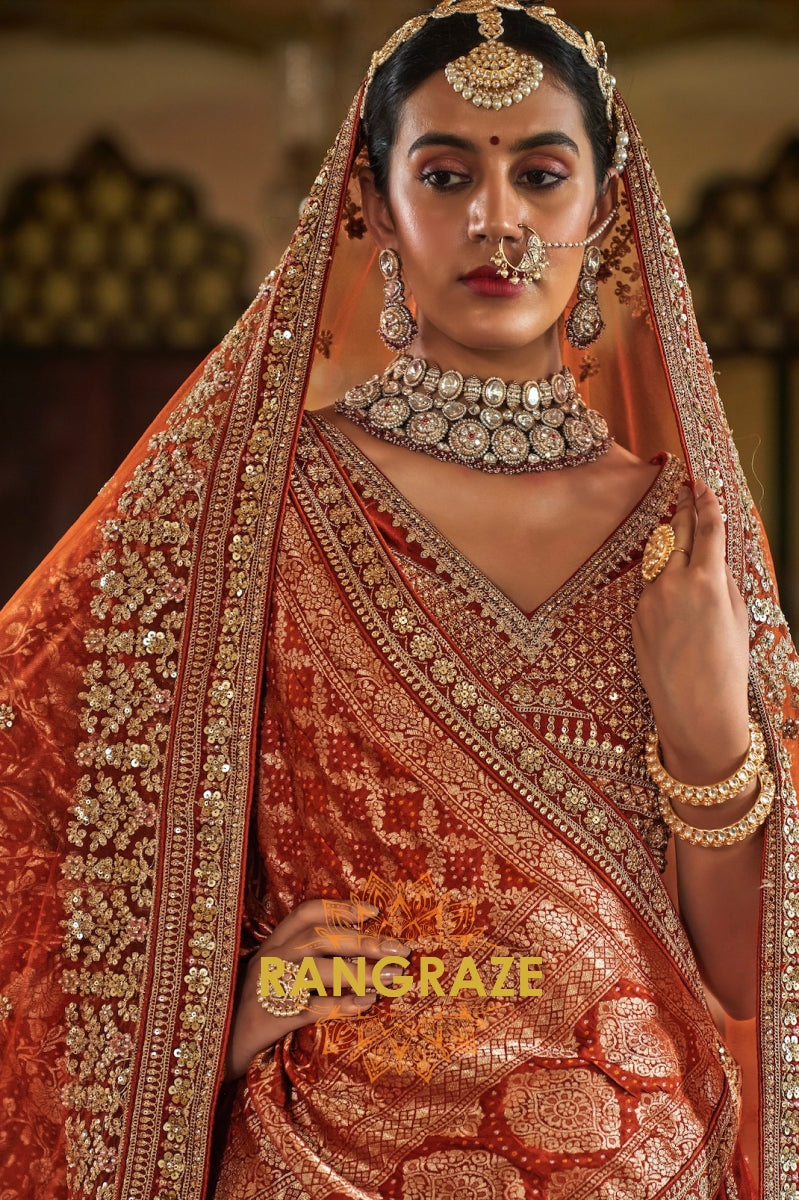 Burnt Orange Rust Double-Dupatta Bridal Silk Lehenga – A Legacy of Grandeur