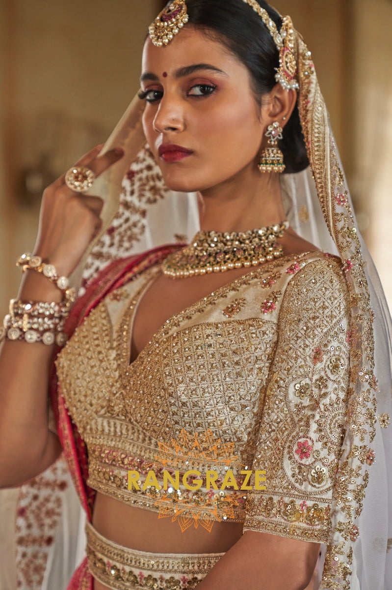 Ivory Elegance Double-Dupatta Bridal Silk Lehenga – A Symphony of Grace
