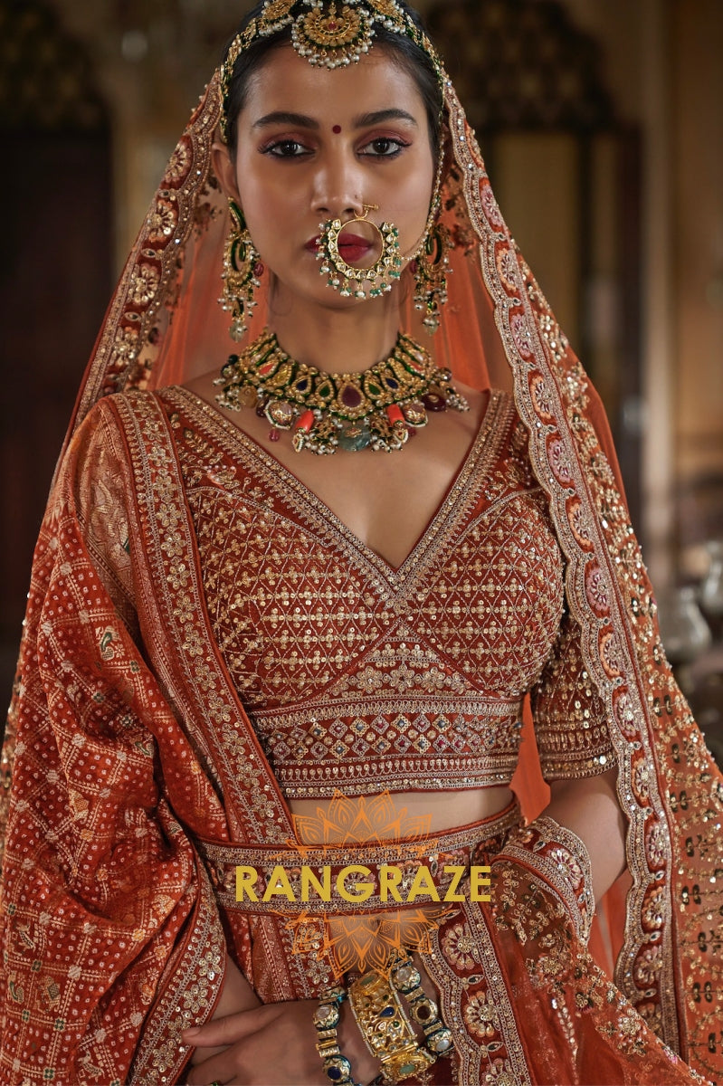 Regal Vermilion Double-Dupatta Bridal Silk Lehenga – A Legacy of Grandeur