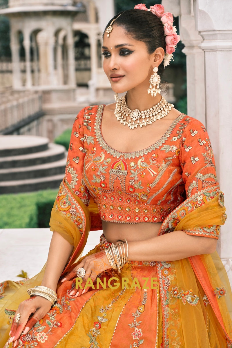 Amber Bloom Fancy Silk Lehenga – A Radiant Ensemble of Stones, Sequins & Mirror Embroidery