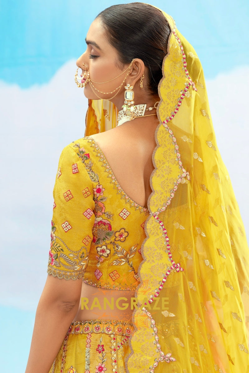 Sunshine Yellow and Pink Embroidered Silk Lehenga Set