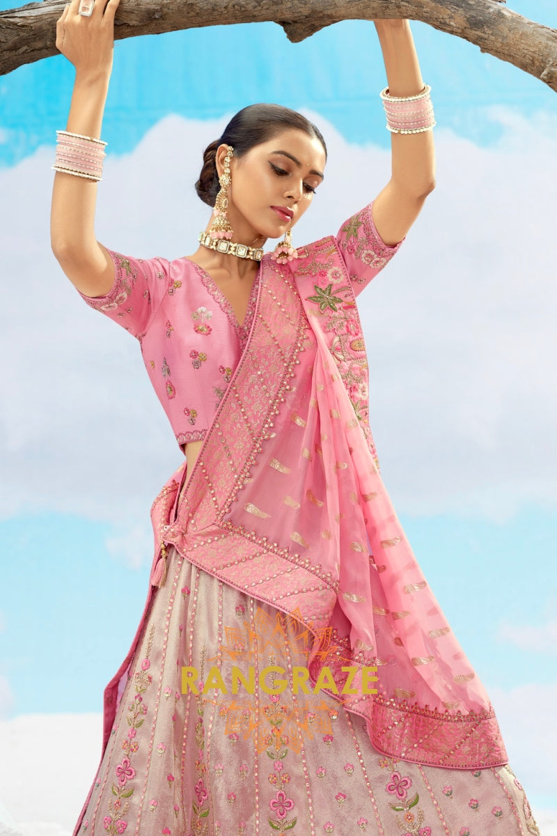 Blush Pink and Beige Embroidered Silk Lehenga Set