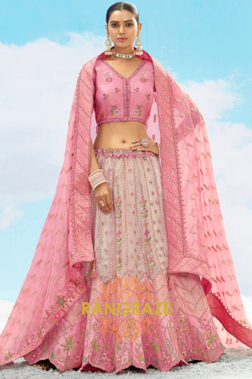 Blush Pink and Beige Embroidered Silk Lehenga Set