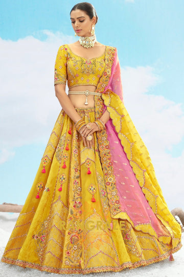 Sunshine Yellow and Pink Embroidered Silk Lehenga Set