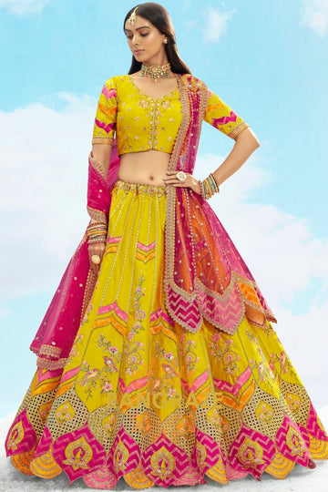 Radiant Yellow and Pink Embroidered Silk Lehenga Set