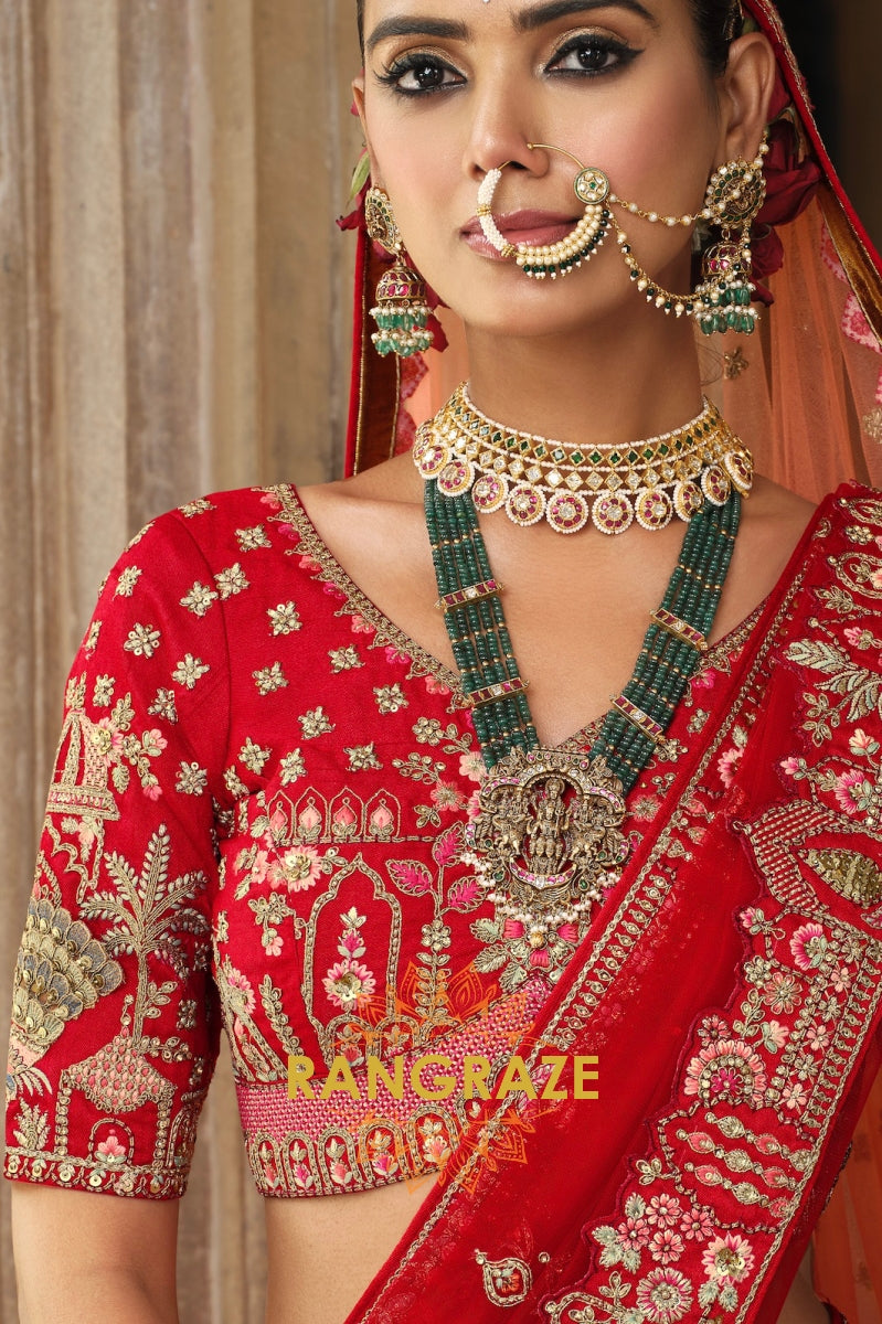 Imperial Scarlet Double-Dupatta Bridal Banarasi Silk Lehenga – A Legacy of Royal Grandeur