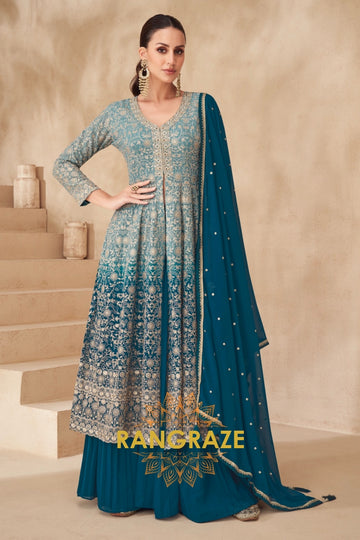Teal Blue Embroidered Georgette Anarkali Lehenga Suit Set