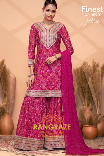 Fuchsia Pink Chinon Embroidered Sharara Suit Set