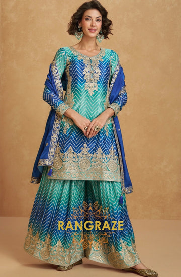 Blue & Green Chevron Embroidered Sharara Suit Set