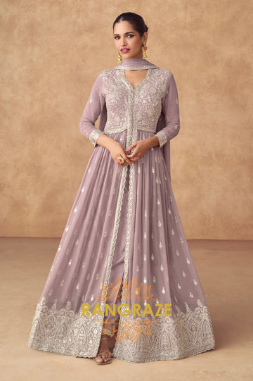 Dusty Mauve Embroidered Slit Suit Set