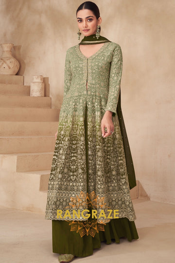 Olive Green Embroidered Georgette Anarkali Lehenga Suit Set