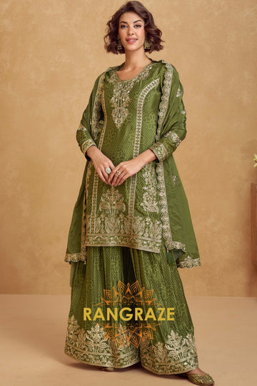 Olive Zari Embroidered Chinon Suit Set