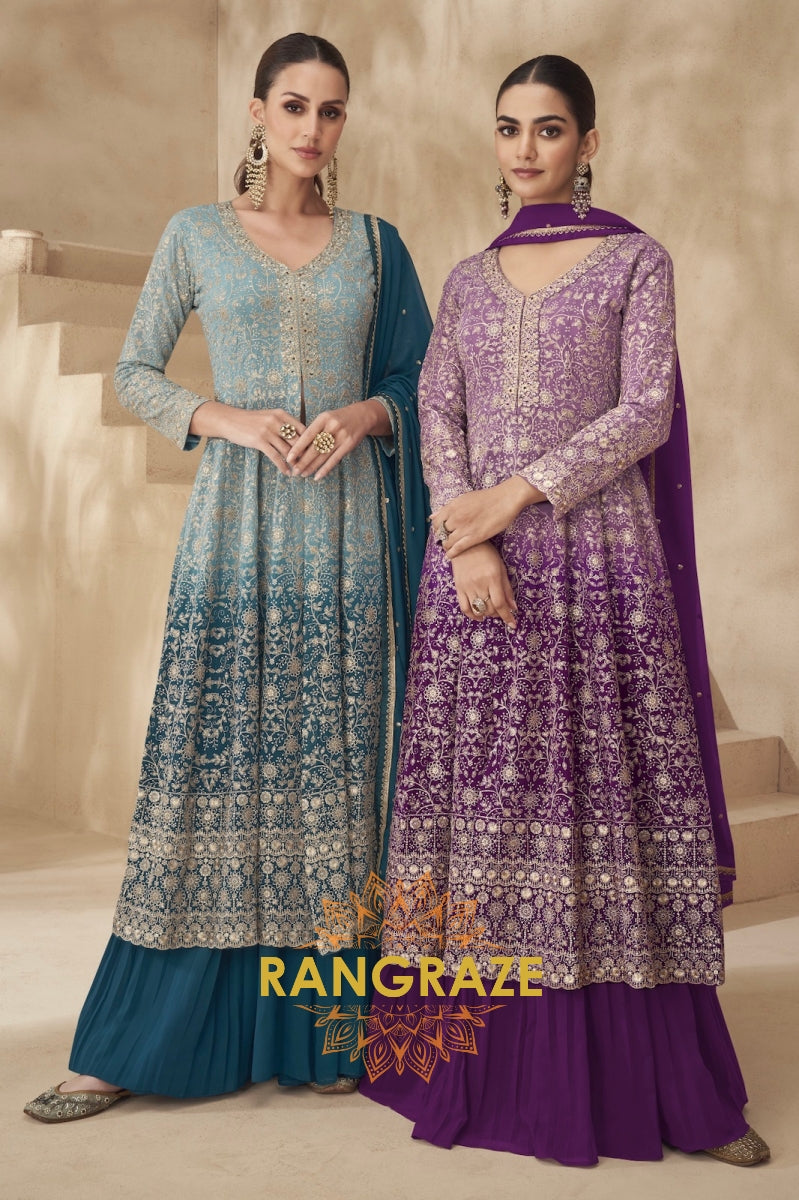 Purple Embroidered Georgette Anarkali Lehenga Suit Set