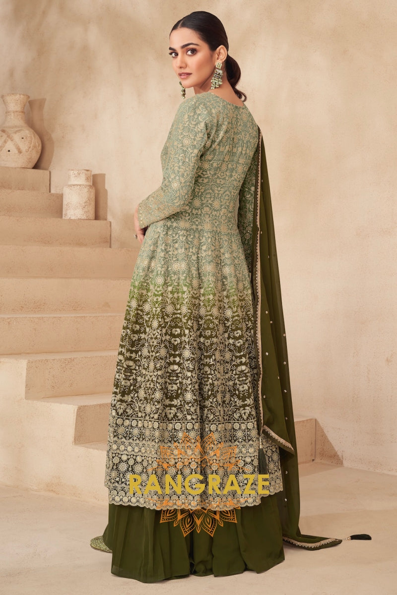 Olive Green Embroidered Georgette Anarkali Lehenga Suit Set