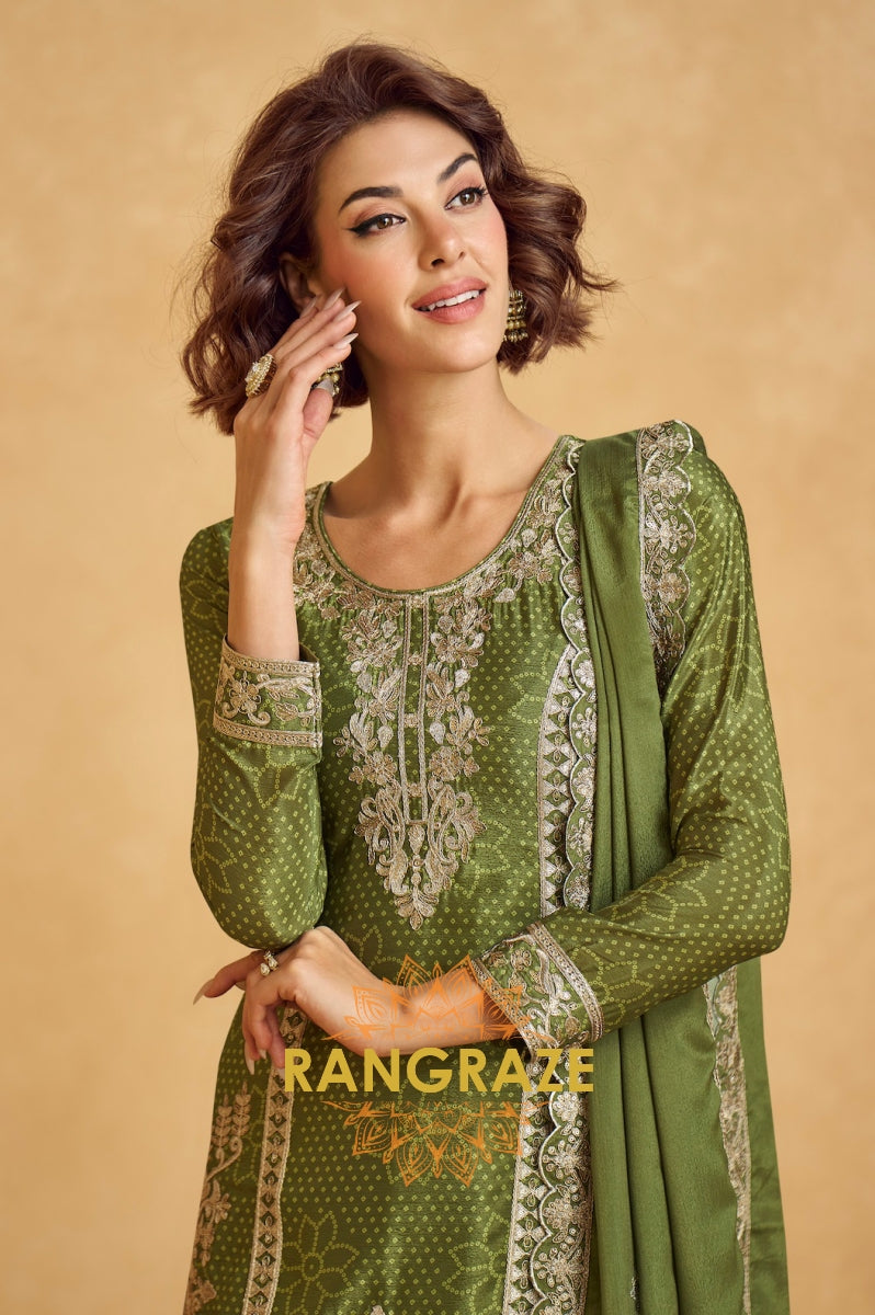 Olive Zari Embroidered Chinon Suit Set