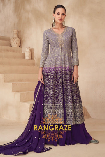 Lavender-Purple Embroidered Georgette Anarkali Lehenga Suit Set