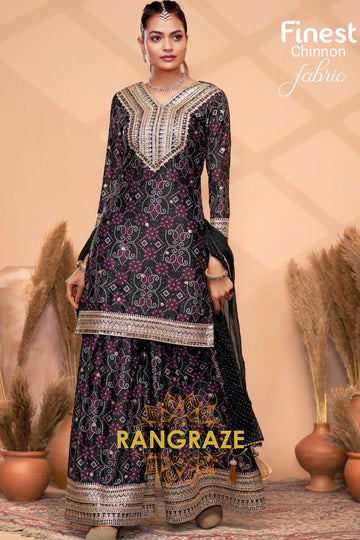Black Bandhani Chinon Sharara Suit Set