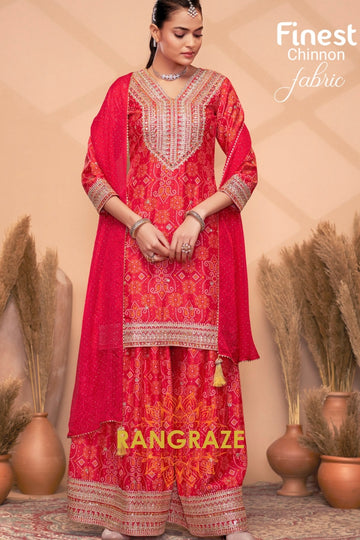 Red Bandhani Embroidered Sharara Suit Set