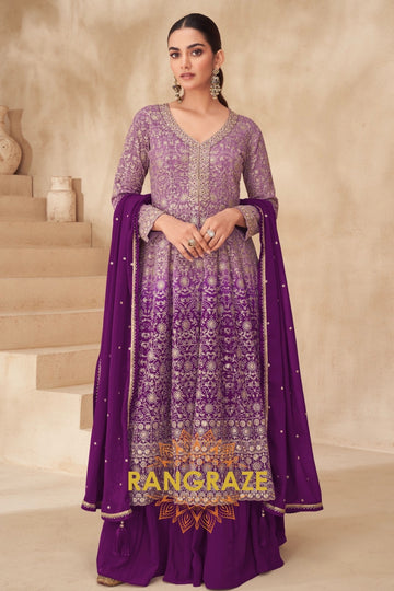 Purple Embroidered Georgette Anarkali Lehenga Suit Set